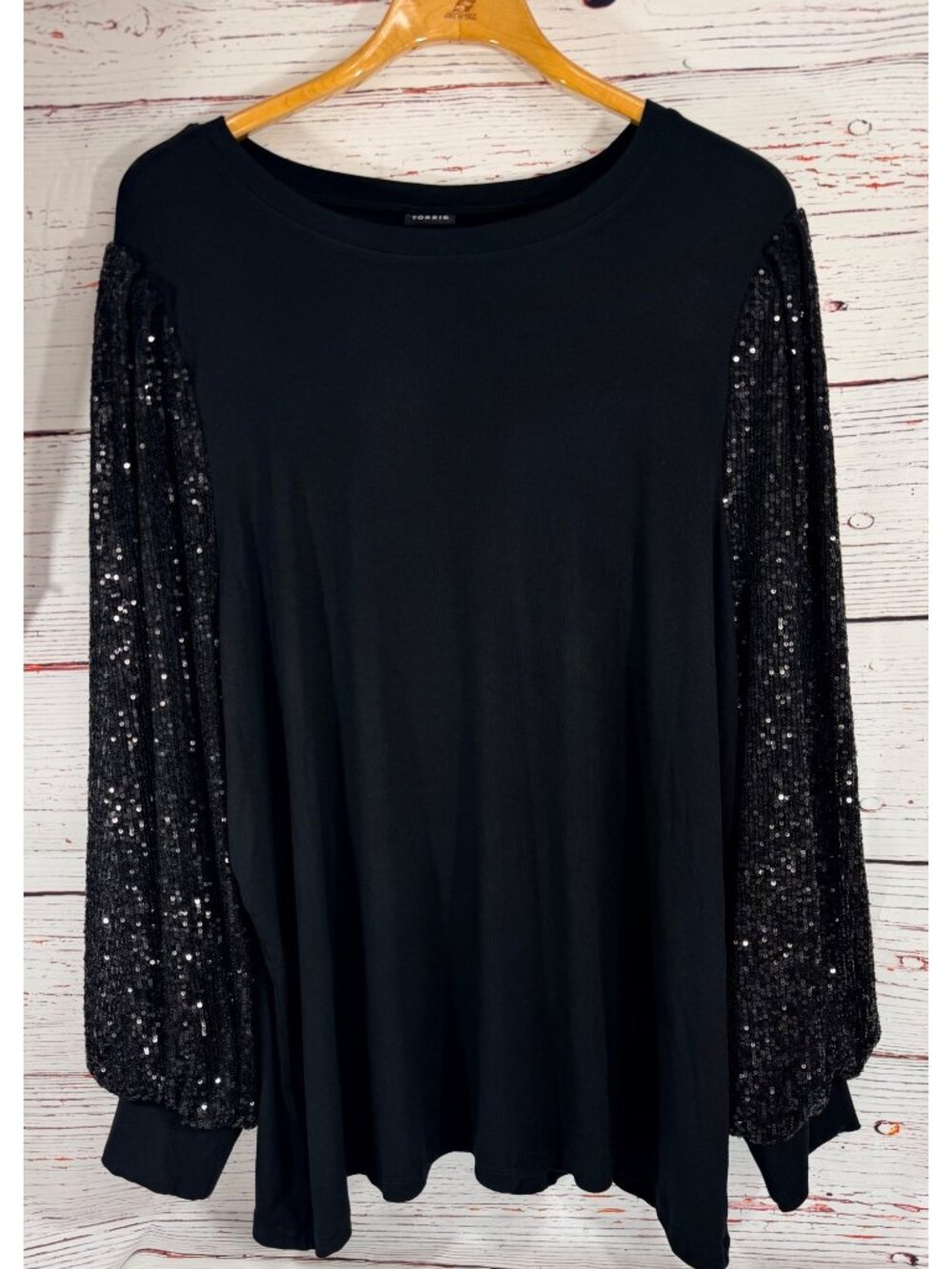New Torrid Black Rib Crew Neck Sequin Long Sleeve Top Blouson Sleeves Size 5X Pl